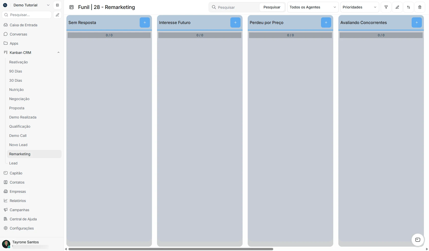 Tela real do Kanban CRM da CWMKT Cloud, com funil e etapas de acompanhamento de oportunidades.